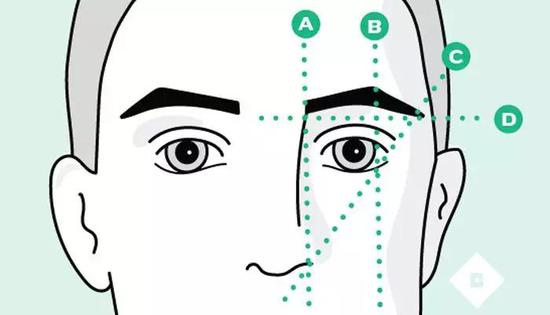 A、眉头：眉毛最内侧。帅的标准，就是眉头和鼻孔外边缘处在同一条垂直线上。