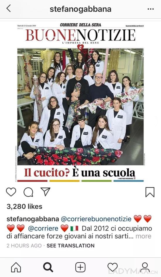 早前明确表示退出Instagram的Stefano Gabbana又重新发布贴文