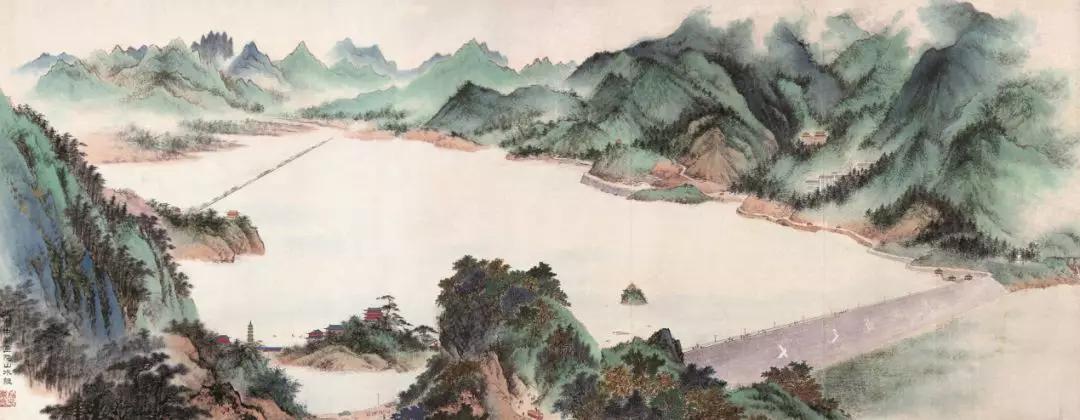 《十三陵水库》 北京中国画院山水组 140×356 cm 纸本设色 北京画院藏