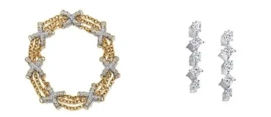 碧昂丝佩戴蒂芙尼臻品出镜“LOSE YOURSELF IN LOVE 爱无所畏”主题影片 左:Tiffany & Co. 蒂芙尼Schlumberger系列18K黄金镶钻X形链环项链; 右:Tiffany & Co. 蒂芙尼铂金镶钻耳环