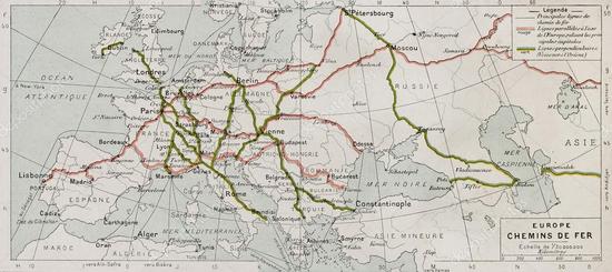 十九世纪欧洲铁轨线路分布图；图片来自Depositphotos