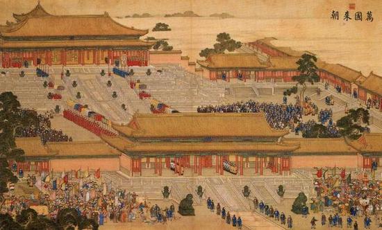 清乾隆《万国来朝图》局部,前为太和门,后为太和殿,