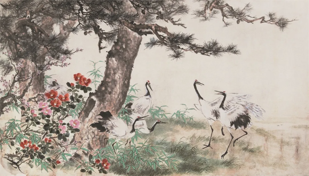 松鹤山茶 王雪涛 207cm×364cm 纸本设色 无年款