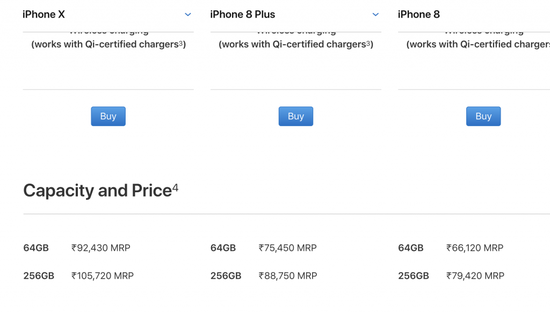 (iPhone X/8 Plus/ 8 在苹果印度官网的售价)