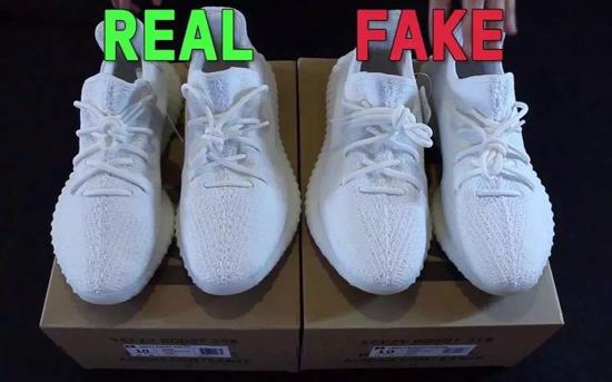 网友对yeezy350v2纯白开箱测评，真假对比