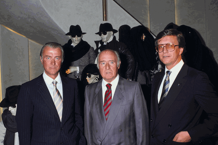 Maurizio Gucci (on the right) pictured with alongside Roberto and Georgio Gucci