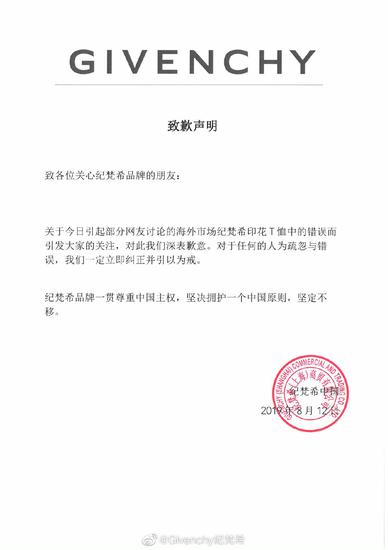 Givenchy聲明