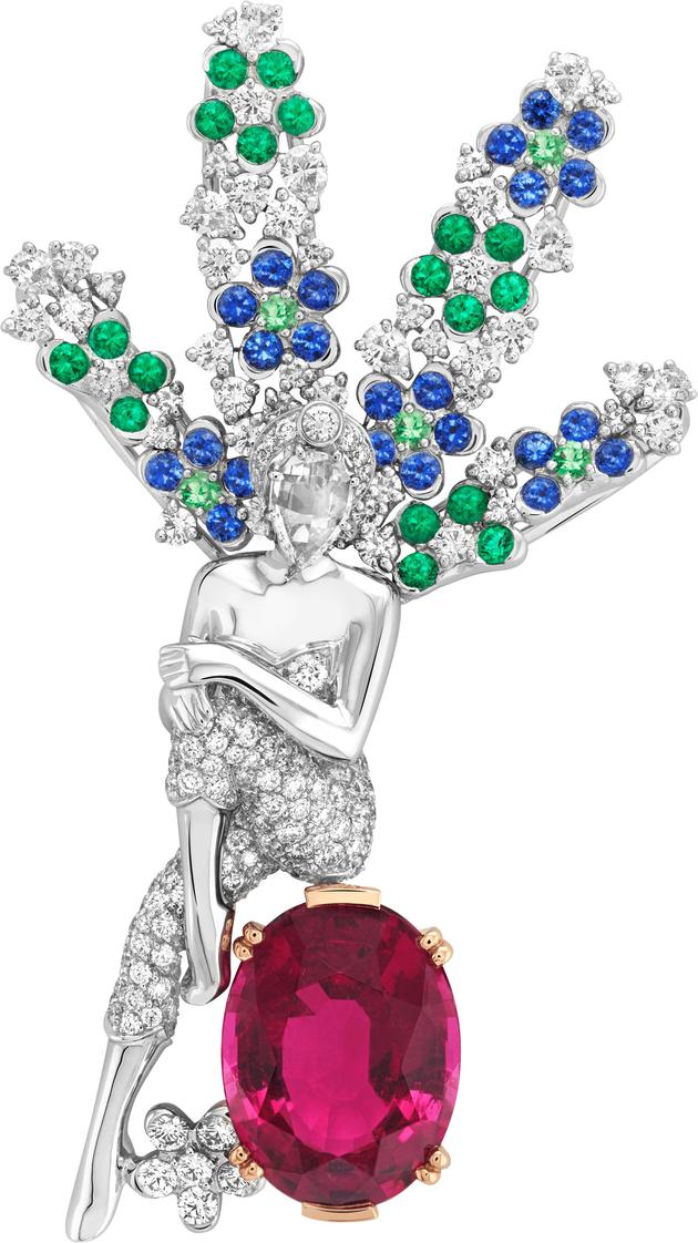 Fée des fleurs胸针 白K金、玫瑰金、一颗重达9.98克拉的椭圆型切割红碧玺、
祖母绿、蓝宝石、沙弗莱石榴石、钻石
Feminine figures系列,2020年