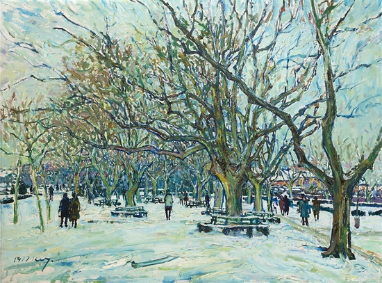 1977复兴公园雪霁  布上油画 90×120cm