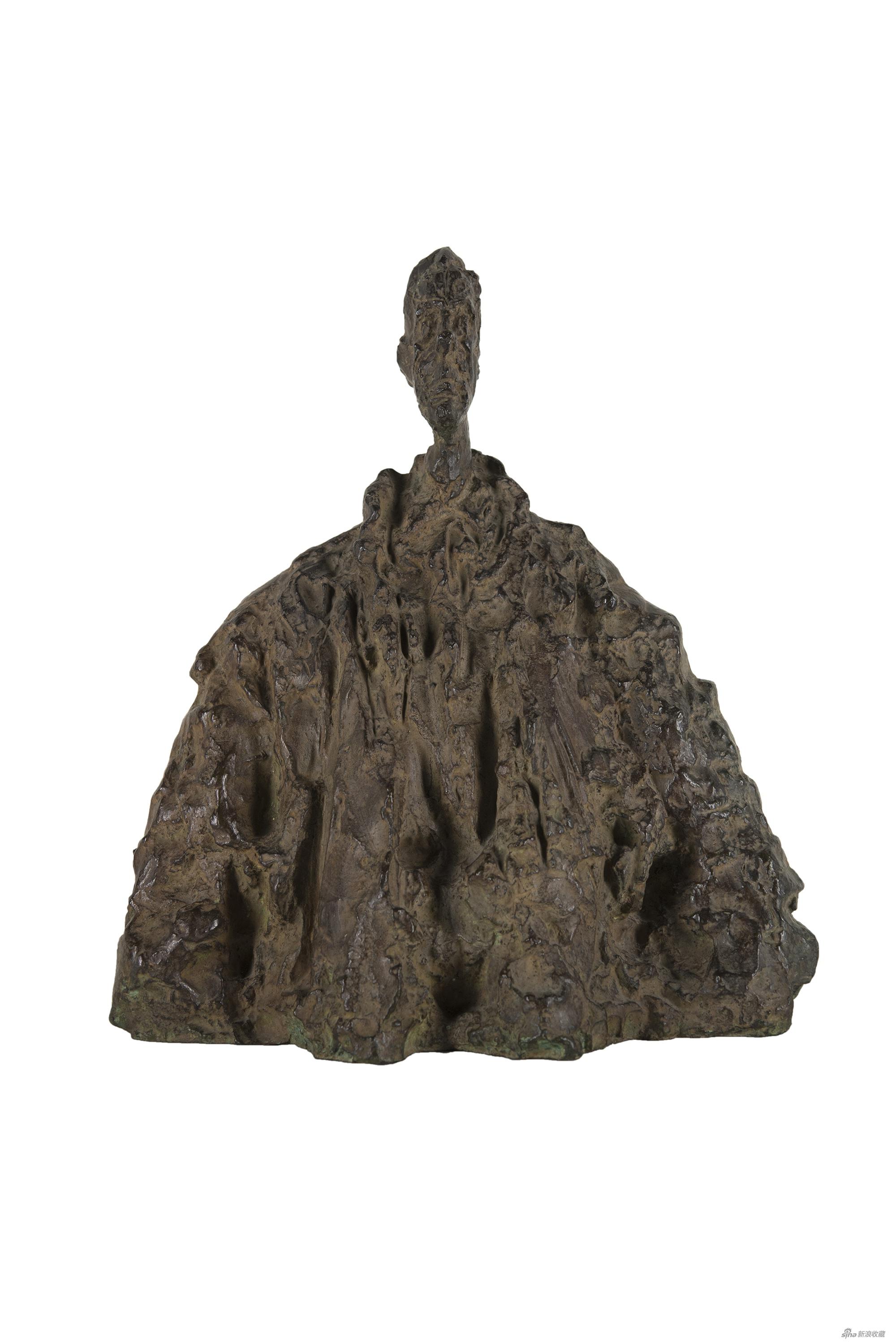 　　穿斗篷的迭戈，阿尔贝托·贾科梅蒂，青铜雕塑，38.1×34.5×22.3cm，1954年创作