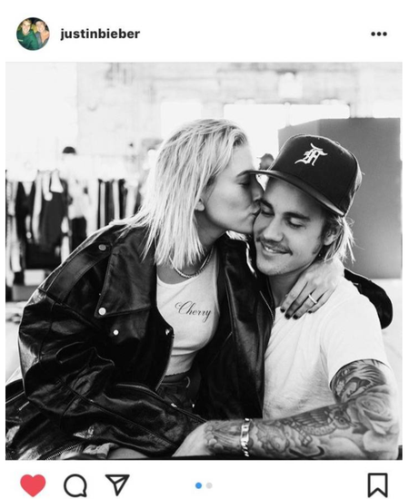 Justin Bieber在INS账号上晒出与Hailey Baldwin的甜蜜合影