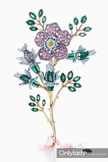 Tiffany & Co。蒂芙尼玫瑰造型粉色及绿色碧玺胸针