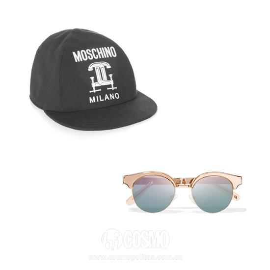 MOSCHINO 印花纯棉 约RMB 2,500；LE SPECS Luxe Cleopatra 猫眼金属反光太阳镜 约RMB 970