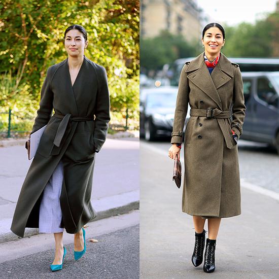 深灰色大衣+红色丝巾