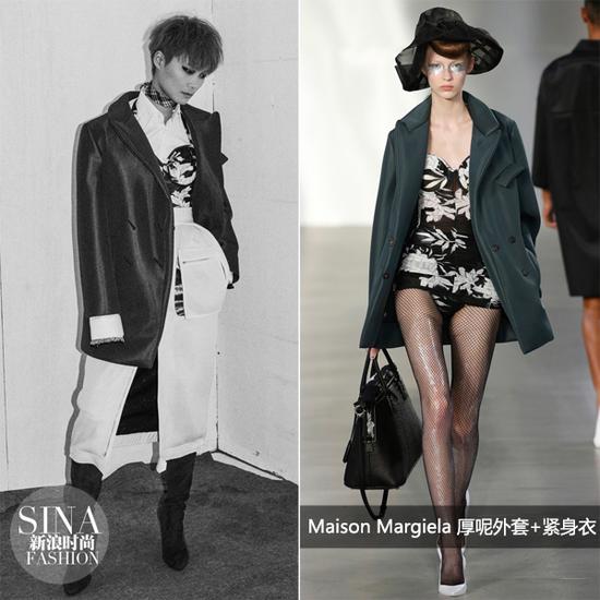 李宇春穿Maison Margiela厚呢外套+印花紧身胸衣