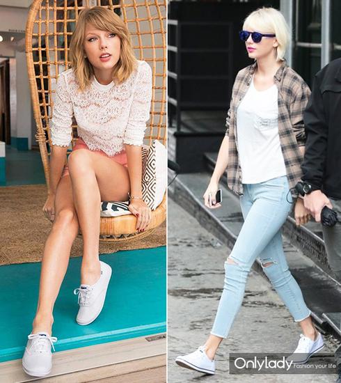 Taylor Swift这个夏天穿过平价品牌Keds的小白鞋，售价仅40美金；样子轻便，很适合夏天