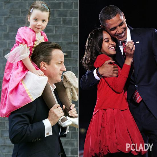 左：英国首相卡梅伦肩扛女儿送其去幼儿园；右：奥巴马和女儿