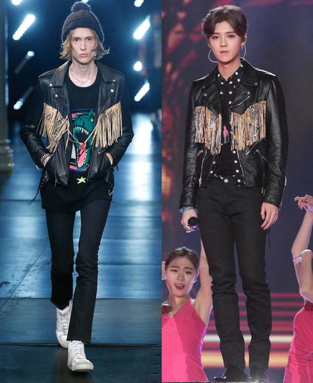 鹿晗身着saint laurent2016春夏男士系列黑白波点衬衫