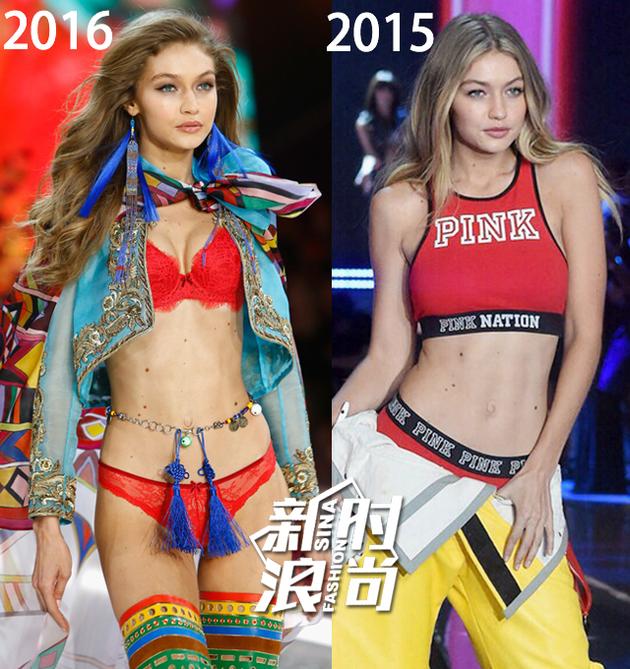 Gigi Hadid维秘秀场2016vs2015对比图