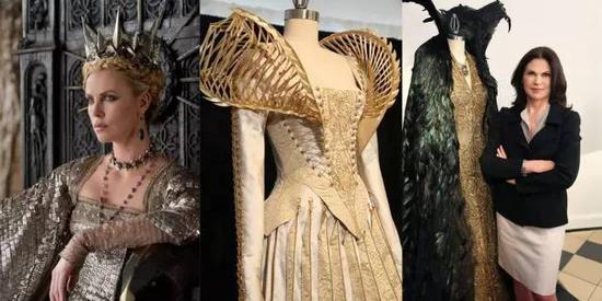 从左至右：王冠、骷髅骨婚纱，羽毛斗篷