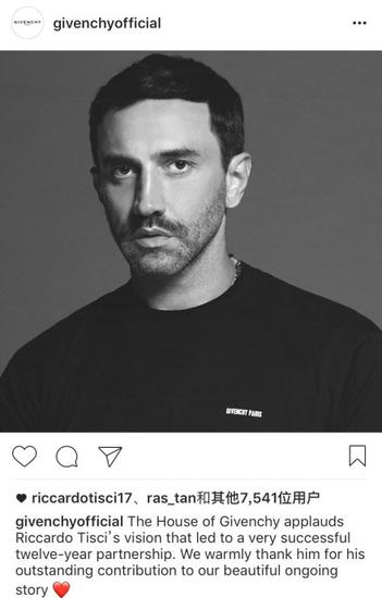 品牌通过instagram对Riccardo Tisci表达感谢