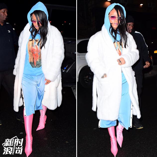 蕾哈娜穿粉色尖头鞋
