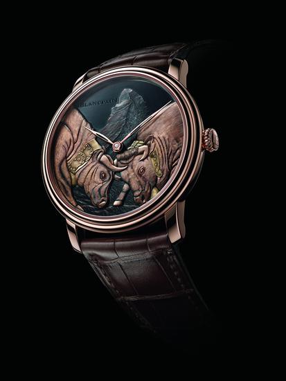 宝珀Blancpain Métiers dArt艺术大师工作室“双牛争王”腕表，售价1216500元，限量1枚。