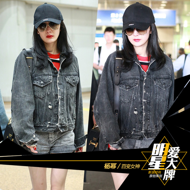 杨幂牛仔热裤秀美腿 一身秀腿搭配现身机场 服饰潮流 图1