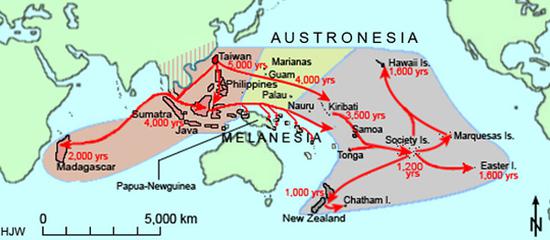 南岛民族分布图，北起台湾，南至新西兰（不含澳洲），西至马达加斯加，东至复活节岛