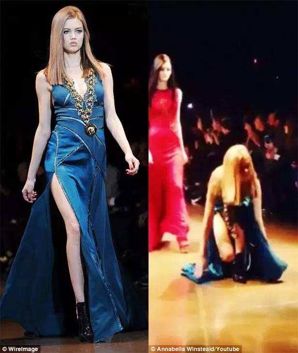 两年后的Versace 2014秋冬秀上再次摔倒