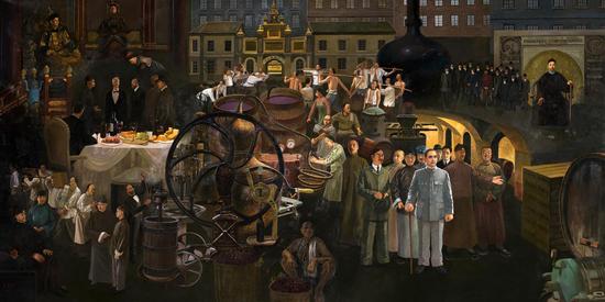 壁画《民族工业的先驱张弼士与张裕》亚麻油彩壁画，2×4m