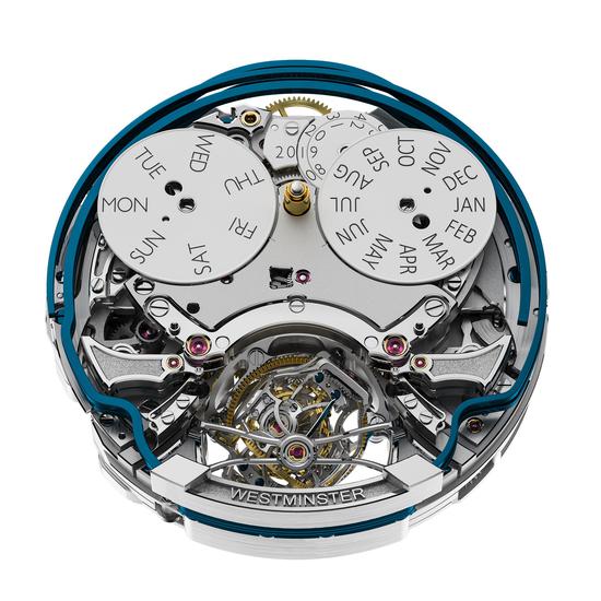 积家Master Grande Tradition Gyrotourbillon Westminster Perpétuel超卓传统大师系列球型陀飞轮西敏寺钟乐万年历腕表(机芯正面)