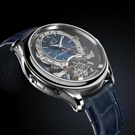 　　积家Master Grande Tradition Gyrotourbillon Westminster Perpétuel超卓传统大师系列球型陀飞轮西敏寺钟乐万年历腕表 深蓝色大明火珐琅镂空表盘