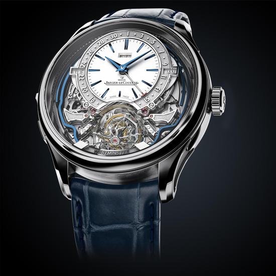 　　积家Master Grande Tradition Gyrotourbillon Westminster Perpétuel超卓传统大师系列球型陀飞轮西敏寺钟乐万年历腕表（银色粒纹镂空表盘）