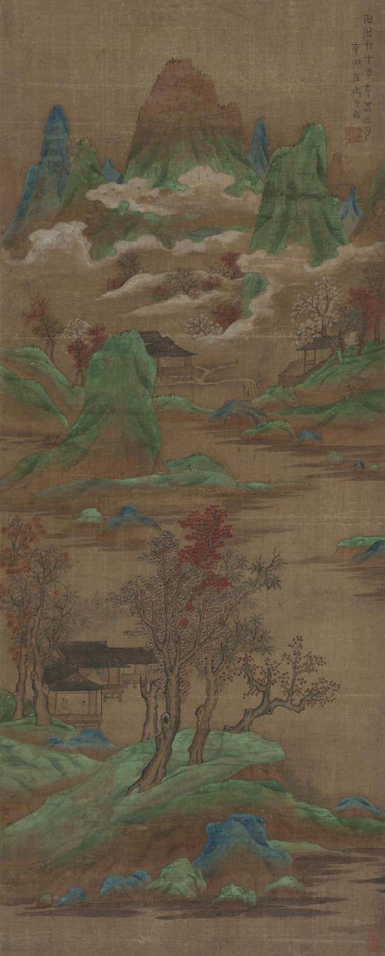 丁云鹏(款) 白云红树图 绢本 立轴 107×43 cm