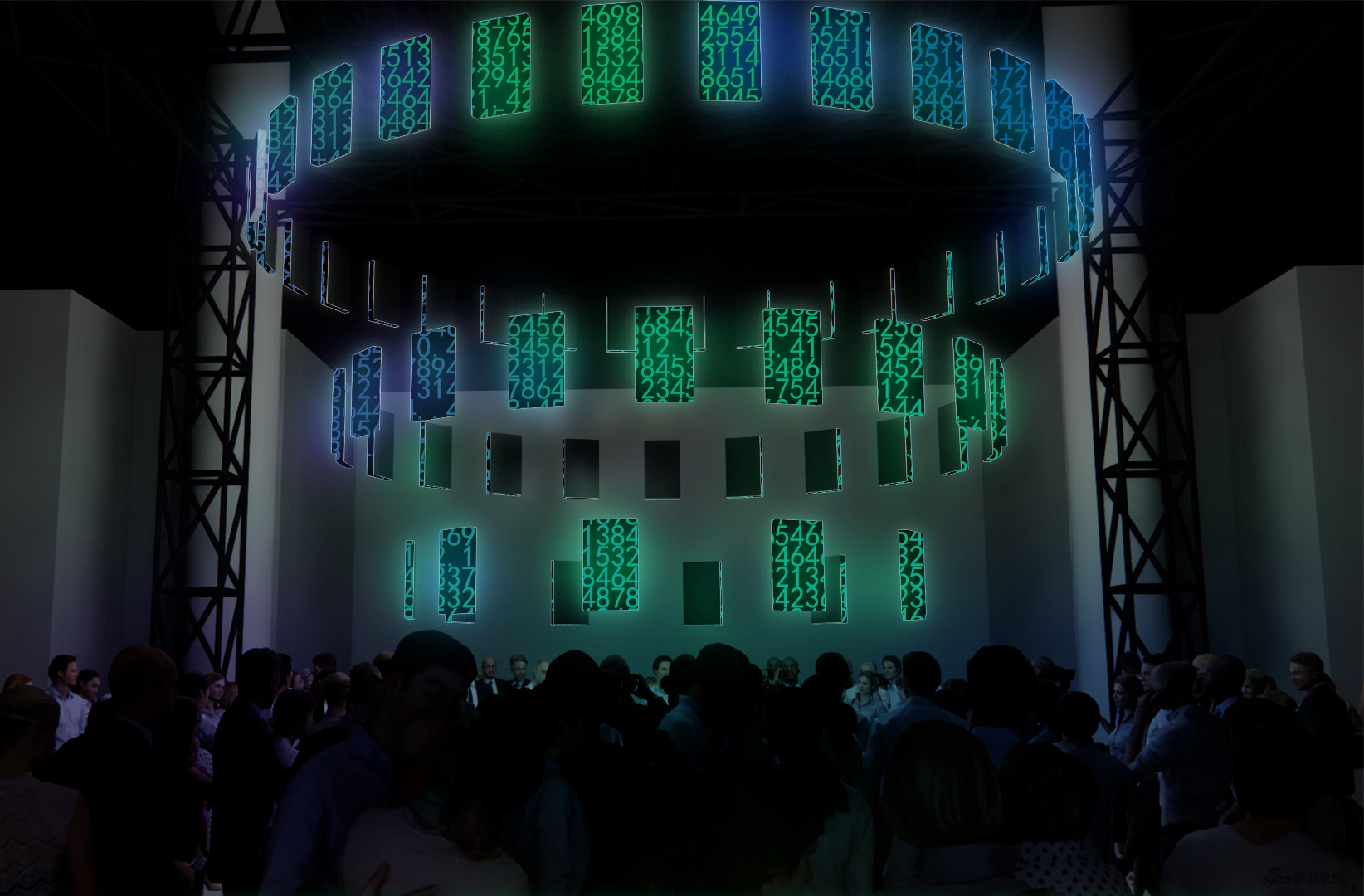 任冬生在“数置”单元作品效果图 《人间、空间、时间和人》, LED, 600 ×600 × 350cm, 2021