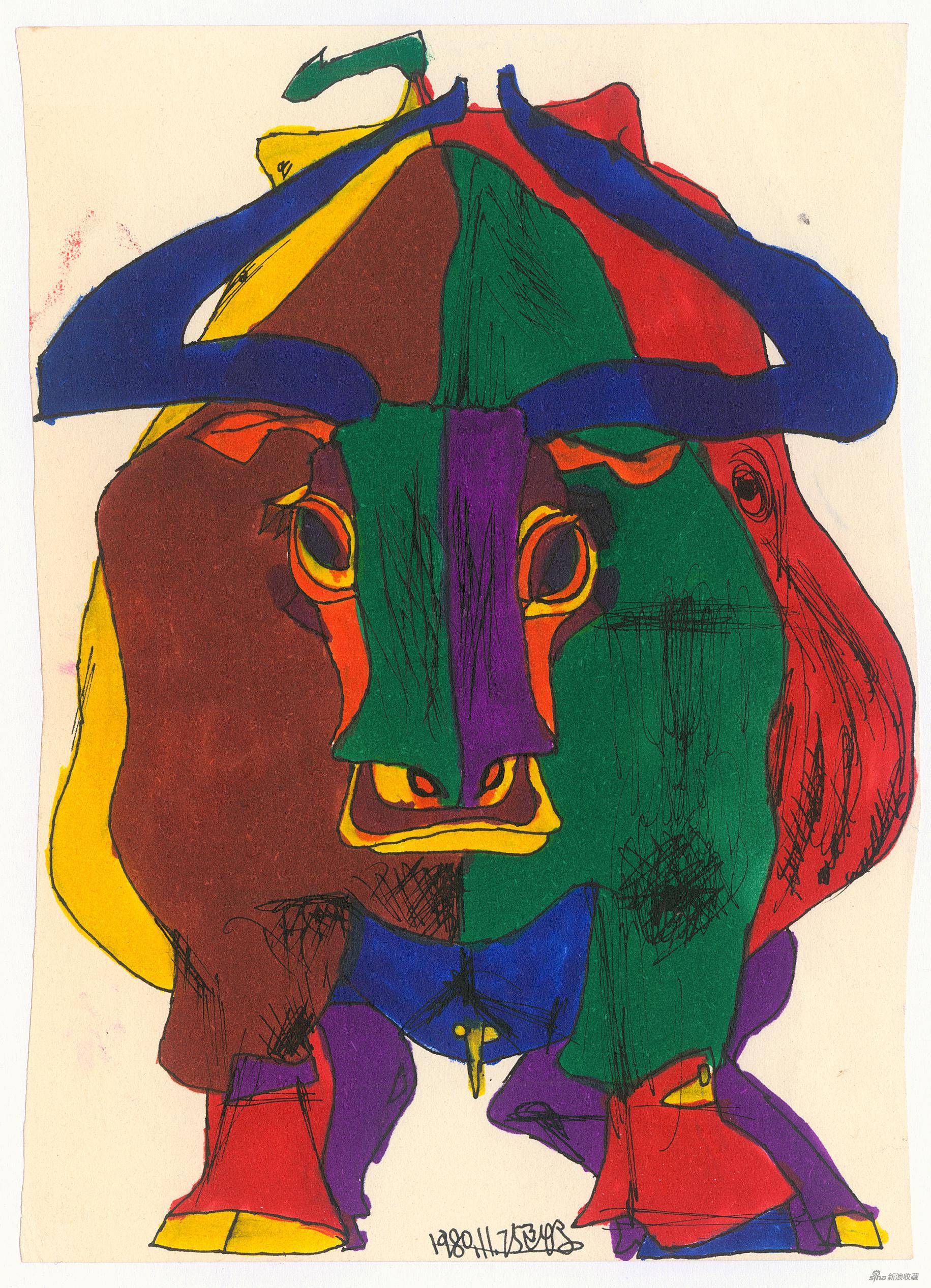 牛，（房宿），纸本水彩、钢笔，20.5x15cm， 1980