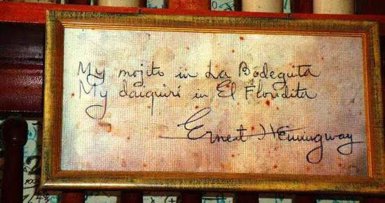 海明威亲手写下的“我的Mojito在Bodeguita”。