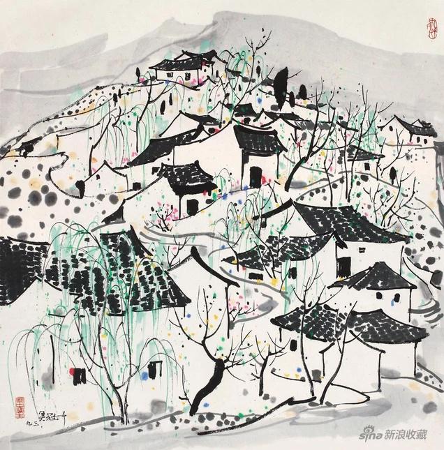 20世纪中国艺术夜场_吴冠中 山村 1993年 纸本水墨 68×68cm