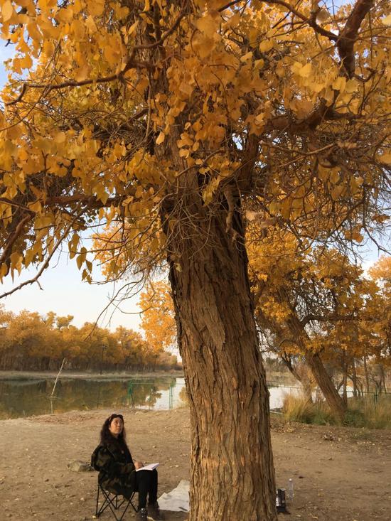 2017年10月,李采姣于内蒙古额济纳旗写生胡杨