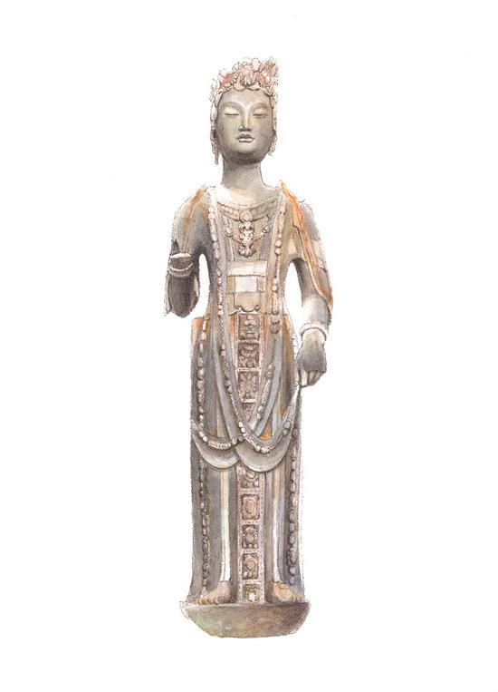 郑琹语，文物系列：彩绘菩萨石雕像，纸本水彩、彩铅，19.2×27cm