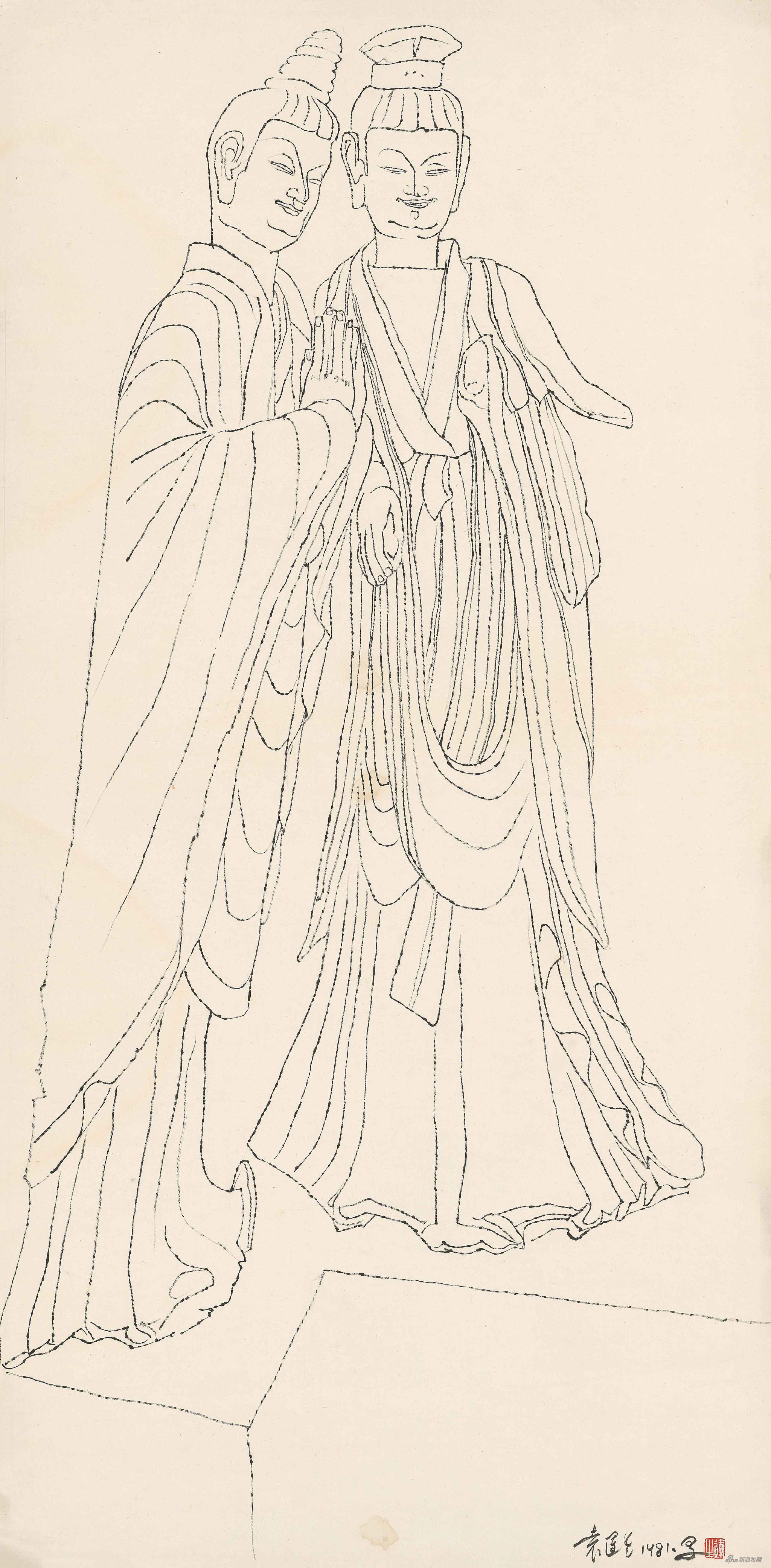 麦积山双佛像白描,宣纸水墨,138.5x69.5cm,1981