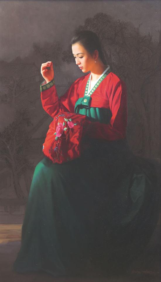 《牡丹红》 张元吉（朝鲜） 布面油画 2017年作 135×80 cm