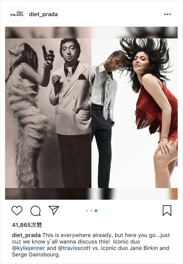 @diet_prada指出造型模仿法国歌手 Serge Gainsbourg 和情人 Jane Birkin 70 年代拍摄的写真集