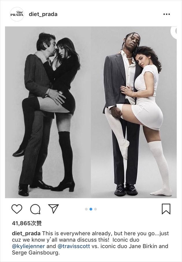 @diet_prada指出造型模仿法国歌手 Serge Gainsbourg 和情人 Jane Birkin 70 年代拍摄的写真集