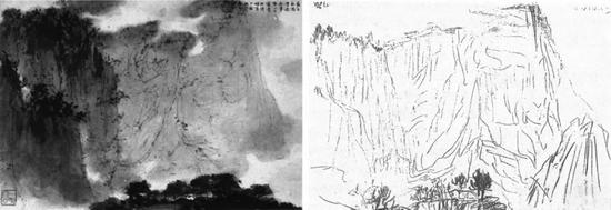 《漫游太华》（左）与傅抱石在华山所作速写（右）
