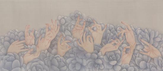 卓芊吟，人面桃花相映红系列之融合，绢本设色，40×90cm