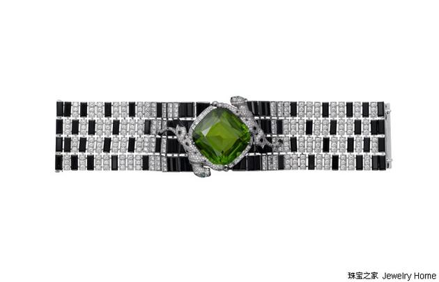 Cartier卡地亚PANTHèRE DE CARTIER高级珠宝手镯，18K白金，橄榄石，缟玛瑙，祖母绿，钻石