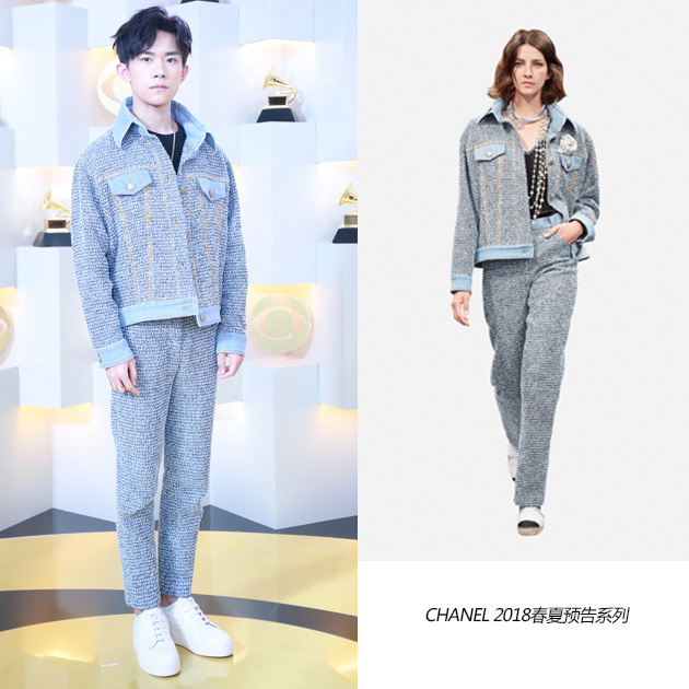 易烊千玺身着Chanel 2018春夏系列斜纹软呢外套和长裤