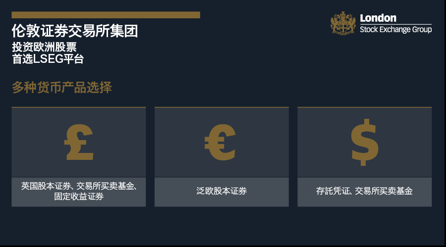 LSEG包含了多种货币产品选择。英镑方面有英国股票证券、交易所买卖基金(ETF)和固定收益证券,欧元方面有泛欧股本证券,美元方面有存托凭证和交易所买卖基金。(图片来源:LSEG)
